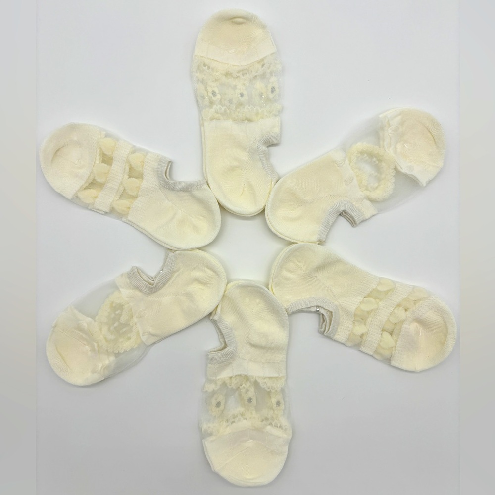 6 pairs women's short silk socks for sneakers with tulle ivory écru color W5-10